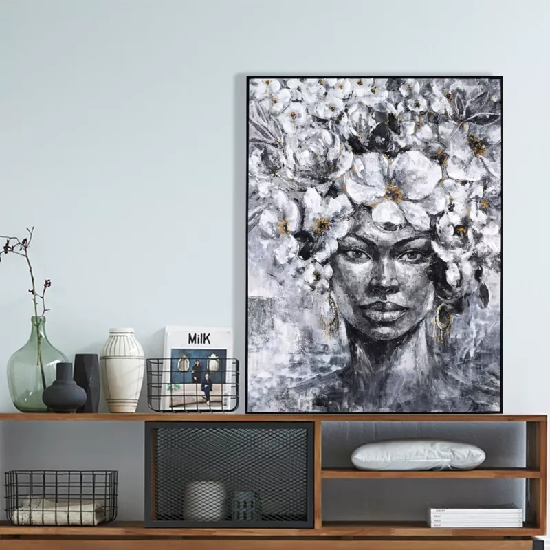 Pikturë muri FH4545 me kornizë PS të zezë, kanavacë e printuar me fytyrë gruaje, 92x4.5x122 cm