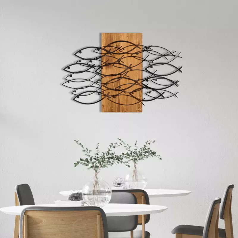 Aksesor dekorativ muri prej druri dhe metali, peshq, ngjyrë e zezë dhe arre, 87x58cm