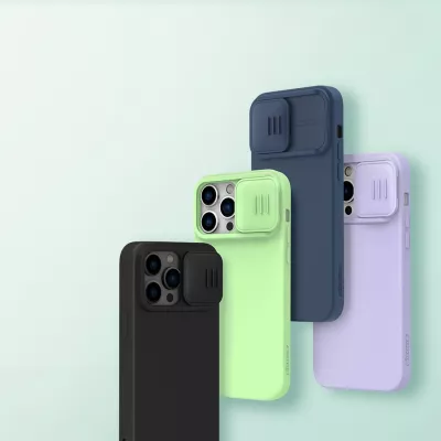 Mbështjellës Nillkin CamShield Silky Silicone për iPhone 14 Pro, me mbrojtëse kamere, Blu