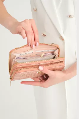 Portofol për gra, lëkurë PU, teksturë hardhuci, ngjyrë pluhur