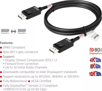 Kabllo DisplayPort Club3D DP 2.1, 1.2m, e zezë