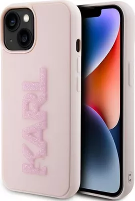 Mbështjellës Karl Lagerfeld 3D Rubber Glitter Logo për iPhone 15 Plus, rozë