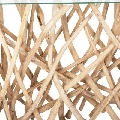 Konsolë në stil rustik, degë teak të ngurta, ngjyrë natyrale & xham, 120x35x75H cm, FH9373