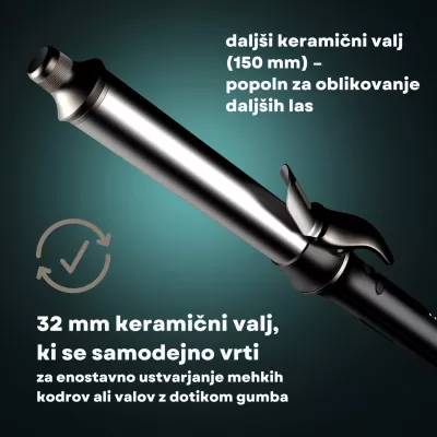 Hekur për kaçurrela Revamp Auto Revolve Soft Curler CL-3000 32mm, cilindër 15cm, jonizim, rrotullim automatik, me dorezë termike, e zezë/argjend