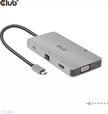 HUB USB-C Club3D 9in1, HDMI VGA 2xUSB RJ45 SD, 100W, zi/gri