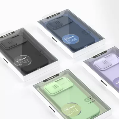 Mbështjellës Nillkin CamShield Silky Silicone për iPhone 14 Pro, me mbrojtëse kamere, Blu