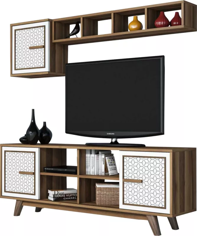Komplet mobiljesh për TV, ngjyrë arre dhe e bardhë, FH9513.03, 160x35x56.2 cm