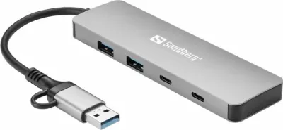 Hub USB SANDBERG 136-64, USB-C/USB-A në 2x USB-A 3.0 + 2x USB-C, 5 Gbit/s, kabllo 15 cm, alumin, argjendtë