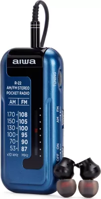 Radio portative xhepi Aiwa R-22BL AM/FM, me kufje, blu, set me bateri AAA