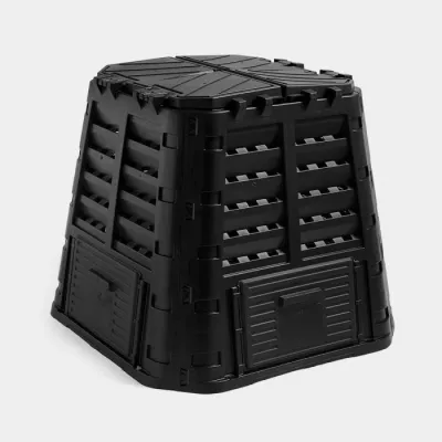 Kosh komposti VONHAUS 2500597 480L, 93x93x80 cm, me ventilim (slatted) dhe kapak me mbledhje uji shiu, ngjyrë e zezë