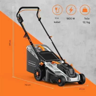 kositëse bari elektrike VONHAUS 3500359 1800W, gjerësi prerjeje 43 cm, thes 52 L, kabllo 12 m, mulching, gri/zezë me portokalli
