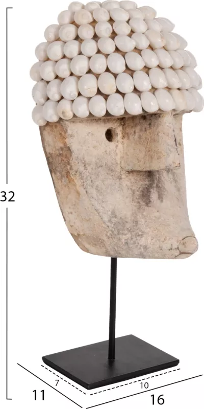 Dekor tavoline, fytyrë prej druri dhe guaskash, në qëndrim metalik të zi, FH4314, 16x11x32H cm