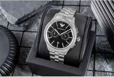 Orë dore meshkuj Emporio Armani Dario AR11691, e zezë/argjendtë, me kuti
