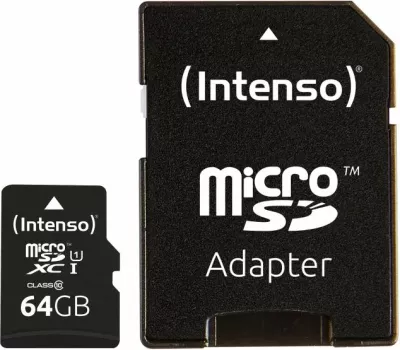 Kartelë memorje microSDXC Intenso UHS-I Premium 64GB Class 10 deri 45MB/s, e zezë, me adapter SD