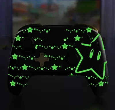Kontroller pa tela PDP REMATCH GLOW Super Star për Nintendo Switch, bateri 40 orë, butona mbrapa të programueshëm, glow-in-the-dark, i zi/verdhe