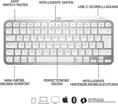 Tastierë Logitech MX Keys Mini për Mac, Mini, Wireless, Bluetooth, QWERTZ, LED, Gri