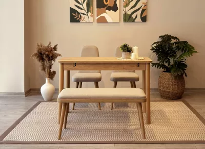 Set tavolinë me karrige për ngrënie, zgjatues, ngjyrë lis dhe krem, Skye Decor, Vina Mini 01 1005, 4 pjesë