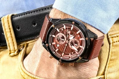 Orë dore Giewont GW8810-A3 Chronograph kuarc qelq safiri 45 mm rrip lëkure, kafe/zezë