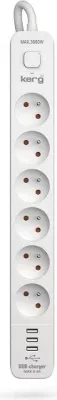 Shirit rryme KERG me ndërprerës qarku, 6 priza, 3 USB, 16A, 3m, Bardhë
