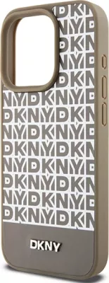 Mbështjellës DKNY Leather Printed Pattern Metal Logo MagSafe për iPhone 15 Pro, Kafe