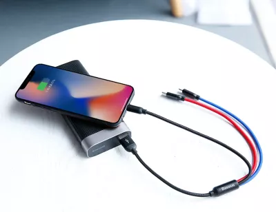 Kabllo 3-në-1 Baseus Three Primary Colors CAMLT-BSY01, 0.3m, USB-A në micro USB/Lightning/USB-C, e zezë, e kuqe, e kaltër