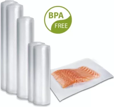 Set qese vakumi dhe role folie CASO Complete Foil 5 1237, 50x 16×23 cm + 5 role (2x 20×600 cm, 1x 28×600 cm, 2x 30×600 cm), BPA-free, transparent