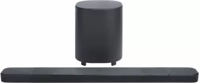 Soundbar JBL Bar 1000 MK2 7.1.4 Dolby Atmos/DTS:X 10\" subwoofer wireless 880W RMS, e zezë, set me subwoofer dhe altoparlantë të pasëm