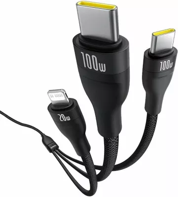 Kabllo USB-C Baseus Flash Series 3 3-në-1 100W 1.5 m (2x USB-C + Lightning), e zezë