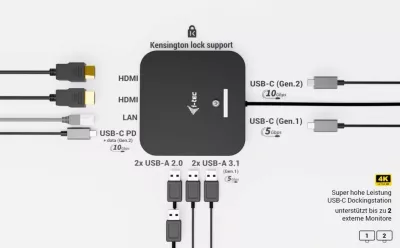 Docking station I-Tec USB-C Dual HDMI, 2xHDMI, 1xGLAN, 2xUSB-A 3.2, 2xUSB 2.0, 1xUSB-C Gen2, 1xUSB-C Gen1, 100W USB-C PD, i zi
