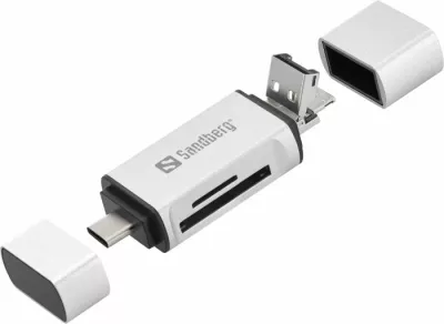 Lexues kartelash Sandberg 136-28 USB-C + USB-A + MicroUSB, SD/MicroSD, alumini, argjendtë/bardhë
