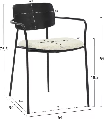 Karrige për ngrënie VIKKI FH9980.02 metal & dru në pëlhurë e zezë-krem, 54x54x75.5H cm, set prej 2 copë