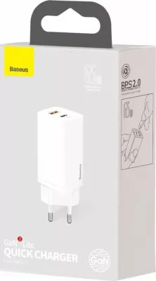 Karikues muri Baseus GaN2 Lite CCGAN2L-B02 65W 1x USB-C + 1x USB-A i bardhë