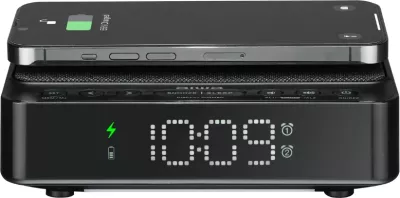 Orë alarmi me radio Aiwa CR-30BK, karikues wireless 5W, FM PLL, USB 1A, e zezë