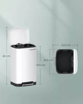 Kosh mbeturinash me pedal SONGMICS LTB01W 30 L, soft-close, me kovë të brendshme, metal, e bardhë