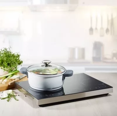 Pllakë induksioni CASO S-Line 3500 3500W dy-zonëshe Sensor-Touch, e zezë/inoks