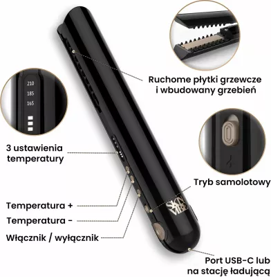 Drejtues flokësh pa kabllo SkinVibe Luna MiniWireless SV-003BK, 210°C, pllaka qeramike 20 mm, 3 nivele temperature, LCD, e zezë, me qese mbrojtëse
