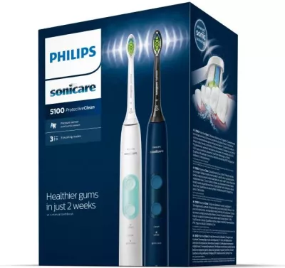 Furçë dhëmbësh elektrike, Philips Sonicare ProtectiveClean 5100 HX6851/34, sensor presioni, 3 mënyra pastrimi, timer, me kuti udhëtimi, bardhë dhe e zezë, set 2 doreza