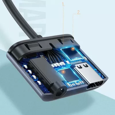 Adapter AV Ugreen CM231 USB-C në 3.5mm + USB-C, PD/QC 30W, gri