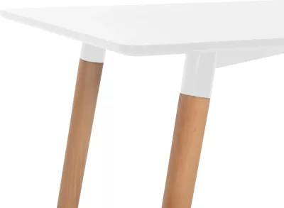 Tavolinë minimaliste për kuzhinë, MDF e bardhë, këmbë druri ahu natyral, 120x60x74cm