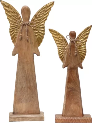 Dekor engjëll për Krishtlindje, dru mango natyral, krahë alumini të artë, 24x6x55cm