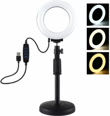 Llambë unazë LED Puluz PU391 me bazë të rregullueshme, 6.5W, tripod i vogël, e bardhë