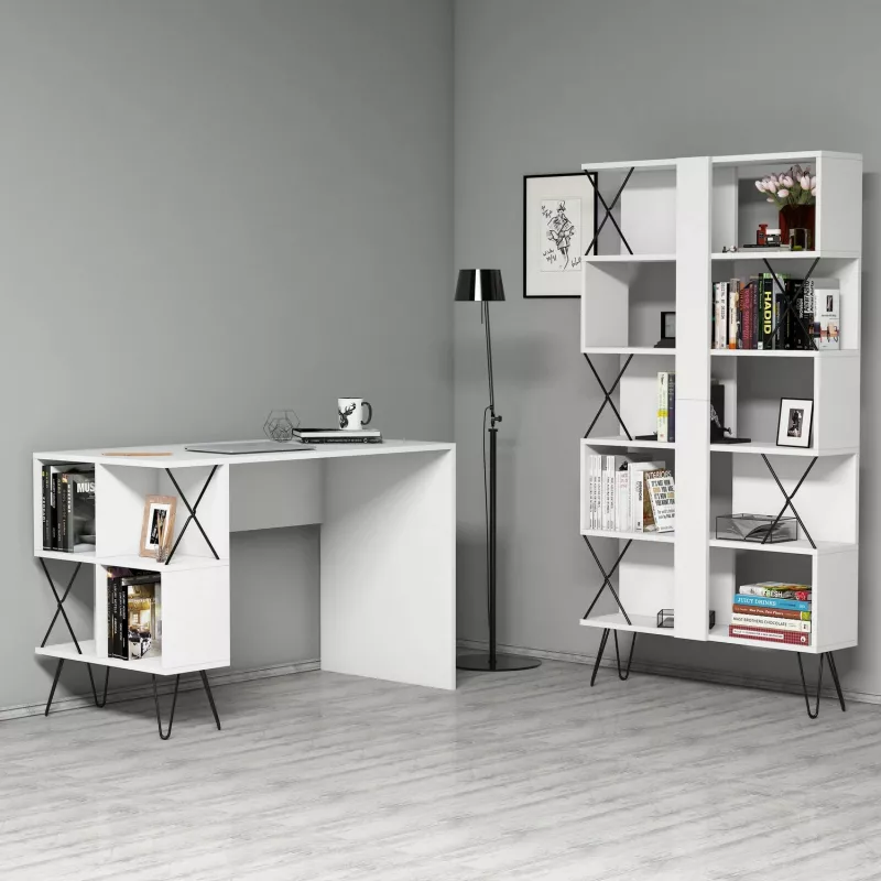 Set tavoline studimi me raft librash Hanah Home, ekstra, e bardhë