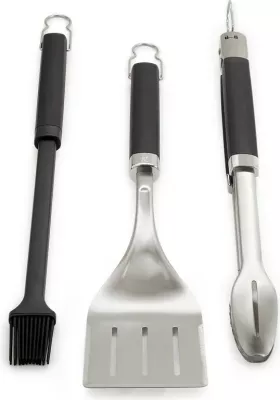 Set aksesorë BBQ Weber 6764, çelik inox, spatulë, pincë, pirun, e zezë