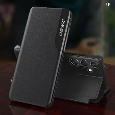 Mbështjellës Hurtel Eco Leather View Case për Samsung Galaxy A54 5G, me kapak dhe qëndrim, e zezë