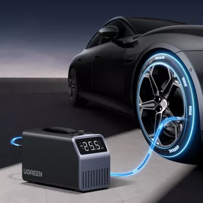 Pompë elektrike për goma Ugreen 12V 150 PSI, ekran digjital, 30 l/min, bateri 3×4500 mAh LiFePO4, gri