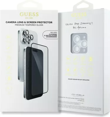 Mbështjellës xhami Guess BP Rhinestone 2in1 për ekran dhe lente, për iPhone 16 Pro Max, Argjendtë