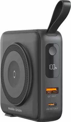 Powerbank Mobile Origin 10000mAh PD 22.5W me karikim pa tela MagSafe, me display, i zi, set me adaptorë EU/UK/AU