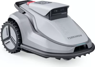 Robot kositës bari TERRAMOW V1000, 1200 m², AI TerraVision 2.0 (3 kamera), Wi‑Fi/4G, IPX6, gri, set me stacion karikimi