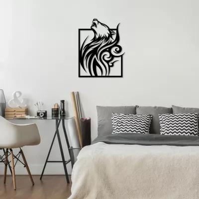 Aksesor dekorativ metalik për mur, ujk në kornizë, Wallity