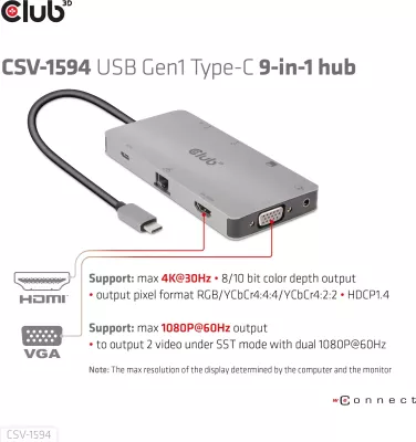 HUB USB-C Club3D 9in1, HDMI VGA 2xUSB RJ45 SD, 100W, zi/gri
